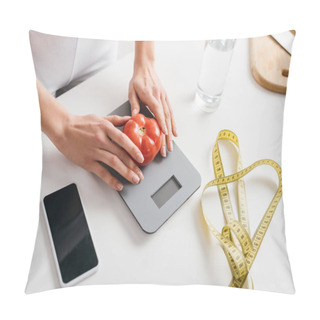 Personality  High Angle View Of Woman Putting Tomato On Scales Near Smartphone And Measuring Tape On Kitchen Table, Calorie Counting Diet Pillow Covers