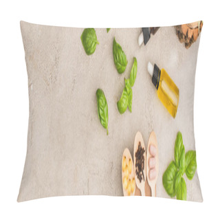 Personality  Panoramic Shot Of Green Leaves, Bottles And Pills In Wooden Spoons On Concrete Background, Naturopathy Concept Pillow Covers