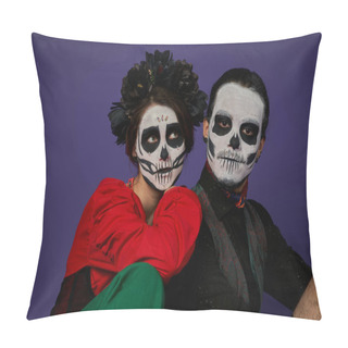 Personality  Dia De Los Muertos Couple, Woman In Catrina Makeup And Black Wreath Leaning On Spooky Man On Blue Pillow Covers
