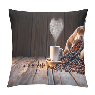 Personality  Traditional Coffee Cup With Heart-Shaped Steam On Rustic Wood Pillow Covers