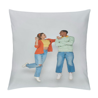 Personality  Happy Young Woman Sticking Out Tongue And Looking At African American Man On Grey Backdrop, Levitate Pillow Covers