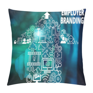 Personality  Conceptual Hand Writing Showing Employer Branding. Business Photo Text Promoting Company Employer Choice To Desired Target Group Woman Wear Work Suit Presenting Presentation Smart Device. Pillow Covers