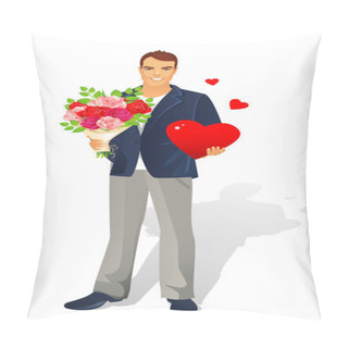 Personality  Vector Illustration Of Man With Bouquet Of Roses Pillow Covers