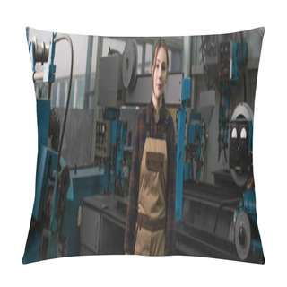 Personality  Brunette Welder In Overalls Standing Near Welding Machines In Factory, Banner  Pillow Covers