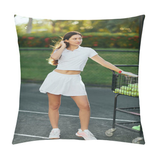 Personality  Female Tennis Player, Young Woman With Brunette Hair Standing In White Tennis Skirt And Polo Shirt Near Cart With Balls, Blurred Background, Sun-kissed, Tennis Court In Miami, Looking Away  Pillow Covers