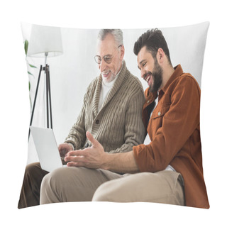 Personality  Cheerful Bearded Man Gesturing While Sitting With Senior Father And Looking At Laptop  Pillow Covers