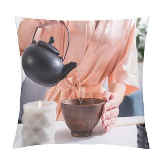 Personality  Cropped Shot Of Woman Making Tea While Having Tea Ceremony In Morning At Home Pillow Covers