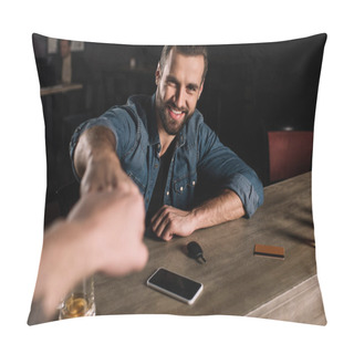 Personality  Cropped Image Of Visitor And Bartender Bumping Fists At Bar Counter Pillow Covers
