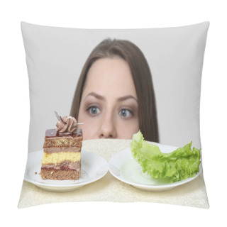 Personality  Young Woman Chooses Between Cake And Lettuce Pillow Covers