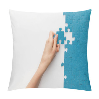 Personality  Cropped View Of Woman Attaching Blue Jigsaw Puzzle On White Background Pillow Covers
