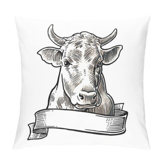 Personality  Cows Head. Hand Drawn In A Graphic Style. Vintage Vector Engraving Illustration For Info Graphic, Poster, Web. Isolated On White Background Pillow Covers