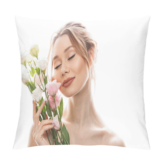 Personality  Amazing Woman 20s With Tied Auburn Hair Posing With Bouquet Of B Pillow Covers