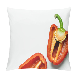 Personality  Top View Of Cut Ripe Paprika On White Background With Copy Space  Pillow Covers