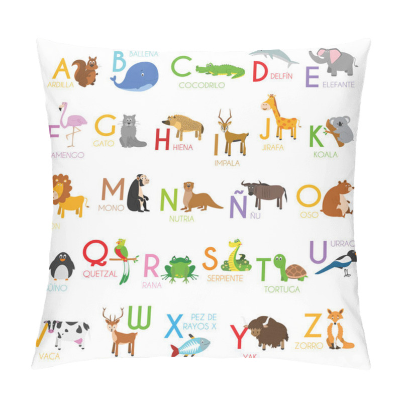 Personality  Cute cartoon zoo illustrated alphabet with funny animals. Spanish alphabet. Learn to read. Isolated Vector illustration. pillow covers