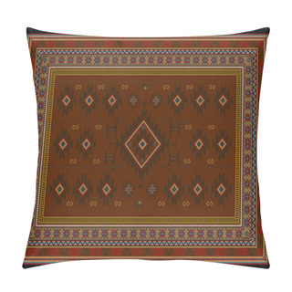 Personality  Vintage Carpet With Ethnic Ornaments In Red And Maroon Shades With Blue And Beige Patterns On The Borders And In Center On Black  Backgroun Pillow Covers