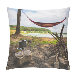 Personality  View Of Camping Near Lake With Hammock Between Trees Copy Space Pillow Covers