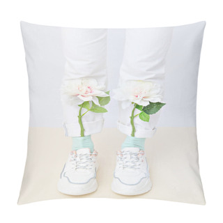 Personality  Details Of Trendy Casual Spring Summer Fresh Outfit. Girl In Studio Wearing White Jeans And Stylish  Sneakers. Everyday Look. No Face. Minimalist Pastel Colours  Concept Pillow Covers
