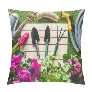 Personality  Top View Of Gardening Equipment And Flowers On Grass Pillow Covers