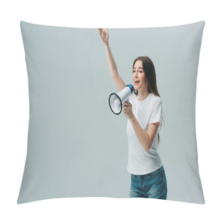 Personality  Cheerful Young Pretty Woman Speaking In Loudspeaker With Hand In Air Isolated On Grey Pillow Covers