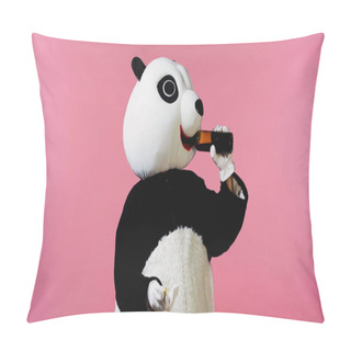 Personality  Person In Panda Bear Costume Drinking Wine From Bottle And Holding Cork Isolated On Pink Pillow Covers