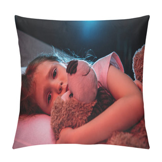 Personality  Frightened Child Embracing Teddy Bear While Lying In Bed And Looking At Camera  Pillow Covers