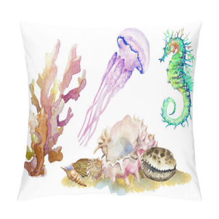 Personality  Set Of Colorful Sea Shells, Coral, Jellyfish And Seahorse. Hand Drawn Watercolor Illustration. Pillow Covers