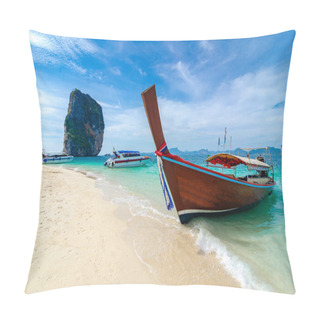 Personality  Poda Island Wooden Boat Parked On The Sea, White Beach On A Clear Blue Sky, Blue Sea Pillow Covers