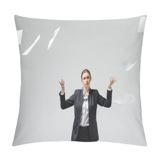 Personality  Displeased Businesswoman In Suit Throwing Papers In Air Isolated On Grey Pillow Covers