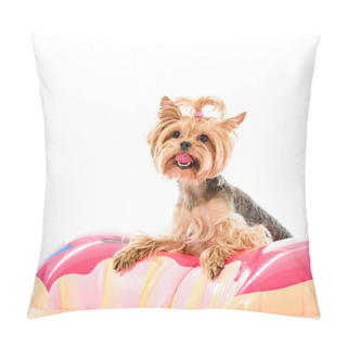 Personality  Cute Dog Sitting On Doughnut Swim Ring Isolated On White Pillow Covers