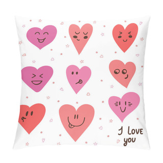 Personality  Funny Happy Smiley Hearts. Cute Cartoon Characters. Bright Vecto Pillow Covers