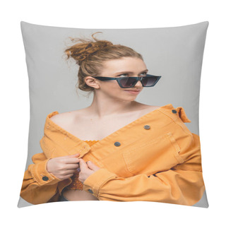 Personality  Smiling And Trendy Young Redhead Woman In Sunglasses And Orange Denim Jacket Looking Away While Posing Isolated On Grey Background, Trendy Sun Protection Concept, Fashion Model  Pillow Covers
