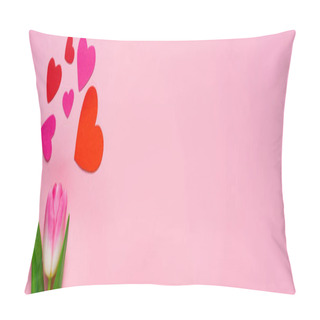 Personality  Top View Of Paper Hearts And Tulip On Pink Background, Panoramic Shot Pillow Covers