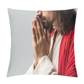 Personality  Cropped View Of Bearded Man Praying Isolated On Grey Pillow Covers