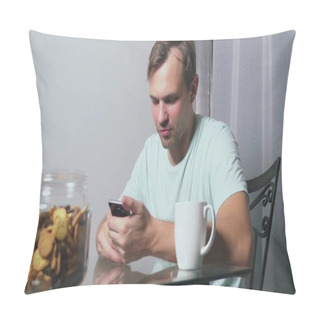 Personality  Hungry Sad Man Sits In A Living Room At A Table At Night, He Eats A Liver And Uses Her Smartphone Pillow Covers