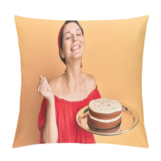 Personality  Young Brunette Woman With Short Hair Holding Carrot Cake Screaming Proud, Celebrating Victory And Success Very Excited With Raised Arm  Pillow Covers