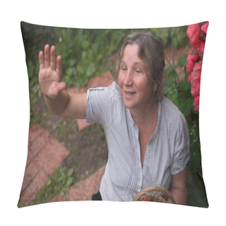 Personality  Cheerful Mature Woman Sits In The Garden And Waving To Friends Pillow Covers