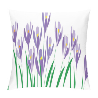 Personality  Horizontal White Banner Or Floral Crocus Backdrop Decorated With Purple Blooming Flowers And Leaves Border  Pillow Covers
