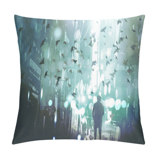 Personality  Man Walking In Abandoned City Alley With Flock Of Birds Pillow Covers