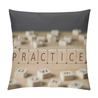 Personality  Selective Focus Of Practice Lettering On Cubes Surrounded By Blocks With Letters On Wooden Surface Isolated On Black Pillow Covers