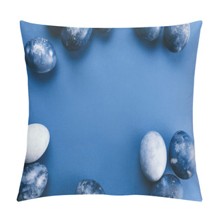 Personality  Beautiful Group Ombre Blue Easter Eggs With Quail Eggs And Feathers On A Blue Background. Easter Concept. Border Eggs. Copy Space For Text. Pillow Covers