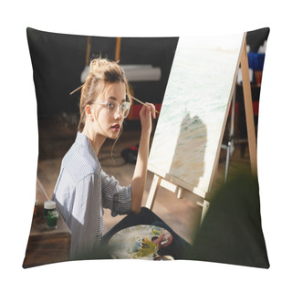 Personality  Young Stylish Female Artist In Eyeglasses Holding Palette And Paintbrush  Pillow Covers