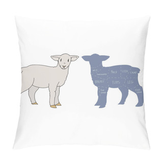 Personality  Cute French Farmhouse Lamb With Butcher Chart Vector Clipart. Hand Drawn Shabby Chic Style Country Farm Kitchen. Illustration Of Mutton Farm Animal Livestock Ranch Graphic. Sheep Graphic EPS 10.  Pillow Covers