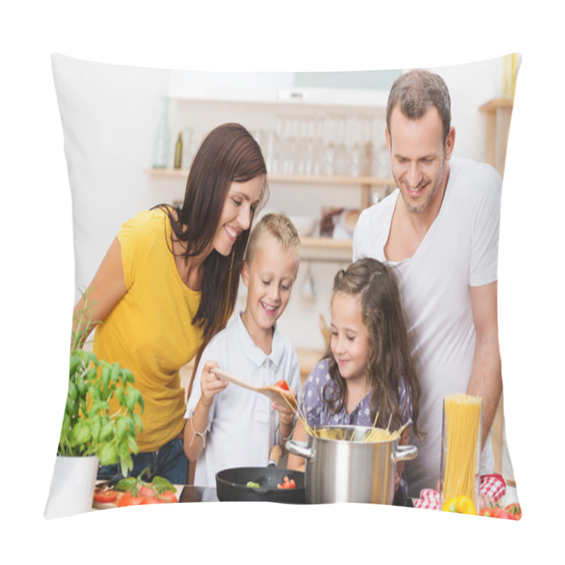 Personality  Young family cooking in the kitchen pillow covers