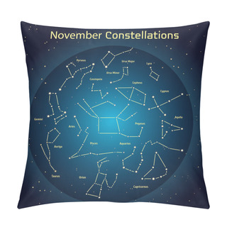 Personality  Vector Illustration Of The Constellations Of The Night Sky In November. Glowing A Dark Blue Circle With Stars In Space Design Elements Relating To Astronomy And Astrology Pillow Covers