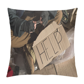 Personality  Cropped View Of Homeless Man Sitting With Cardboard Card With 