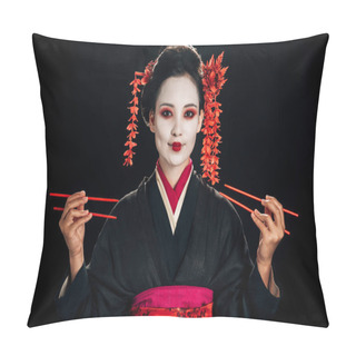 Personality  Happy Beautiful Geisha In Black Kimono With Red Flowers In Hair Holding Chopsticks Isolated On Black Pillow Covers