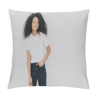 Personality  Young Curly Haired Lady Has Slim Figure, Wears White T Shirt And Jeans, Looks Aside With Happy Expression, Shows Healthy Teeth, Notices Funny Scene On Right Side, Isolated On White Background Pillow Covers