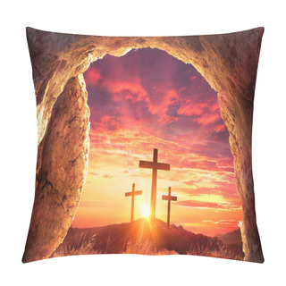Personality  Resurrection Concept - Empty Tomb With Three Crosses On Hill At Sunrise Pillow Covers
