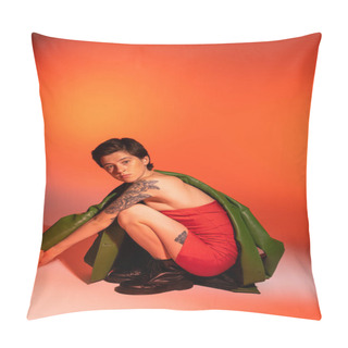 Personality  Full Length Of Tattooed Woman In Red Corset Dress And Black Boots Sitting On Haunches And Looking At Camera On Orange And Pink Background Pillow Covers