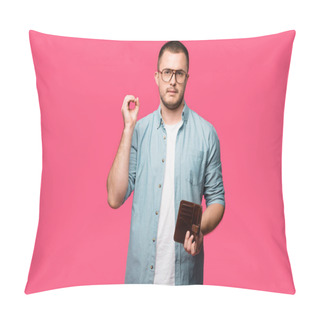Personality  Young Man Holding Empty Wallet And Showing Zero Sign Isolated On Pink Pillow Covers